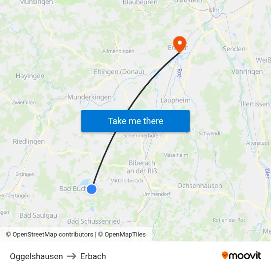 Oggelshausen to Erbach map