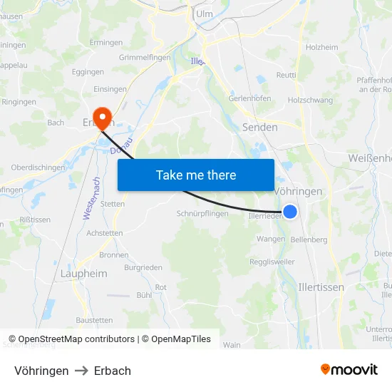 Vöhringen to Erbach map