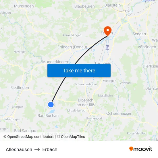 Alleshausen to Erbach map