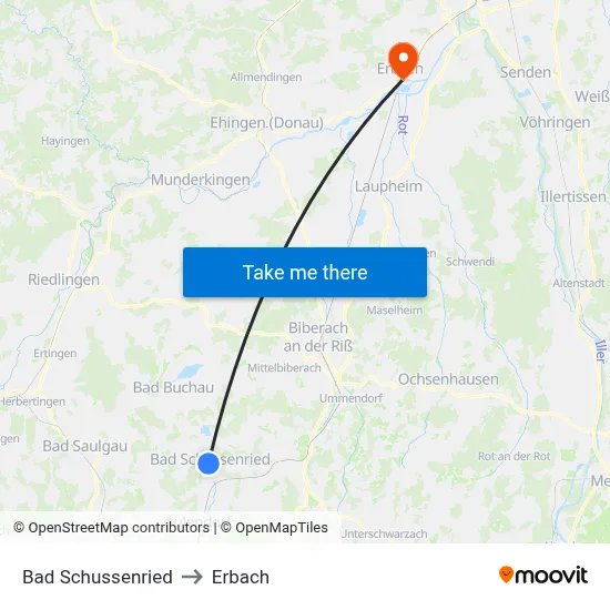 Bad Schussenried to Erbach map