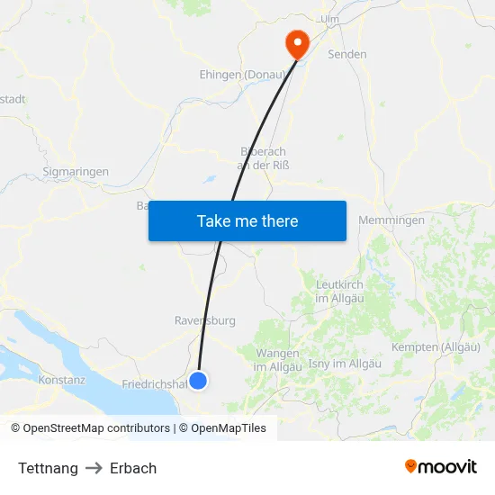 Tettnang to Erbach map