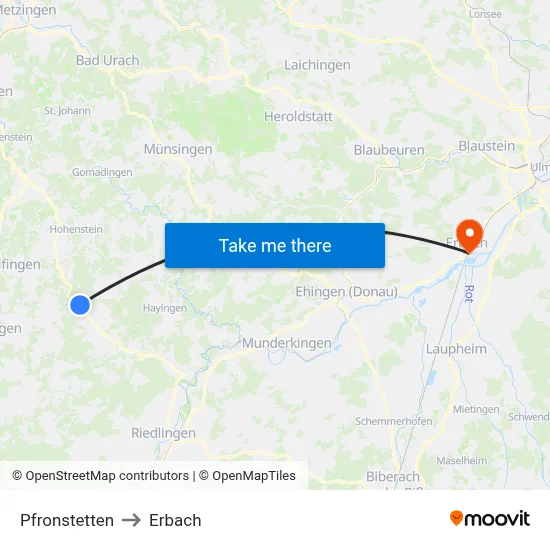 Pfronstetten to Erbach map