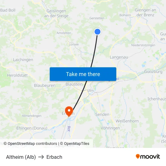 Altheim (Alb) to Erbach map
