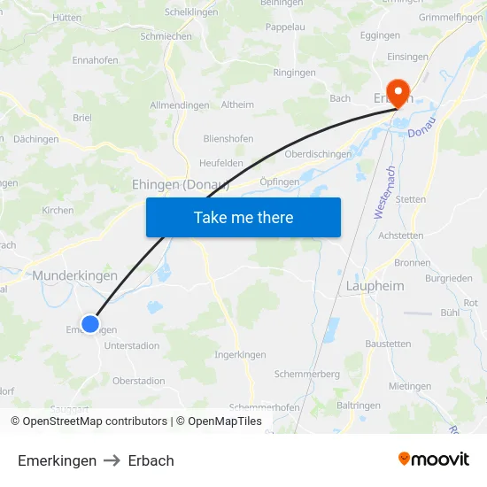 Emerkingen to Erbach map