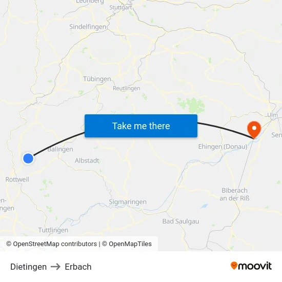 Dietingen to Erbach map