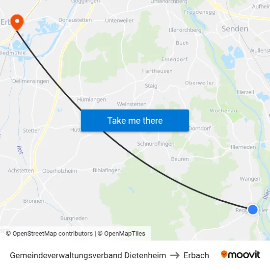 Gemeindeverwaltungsverband Dietenheim to Erbach map