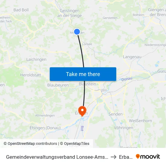 Gemeindeverwaltungsverband Lonsee-Amstetten to Erbach map