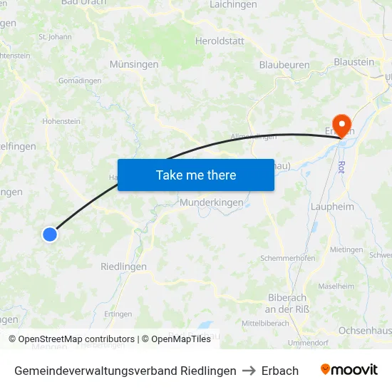 Gemeindeverwaltungsverband Riedlingen to Erbach map