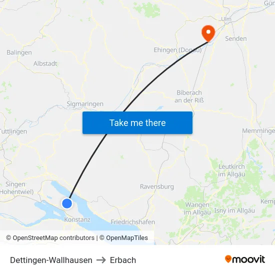 Dettingen-Wallhausen to Erbach map