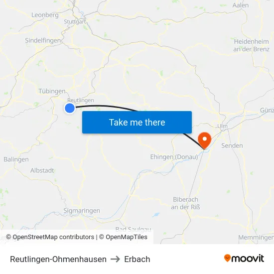 Reutlingen-Ohmenhausen to Erbach map