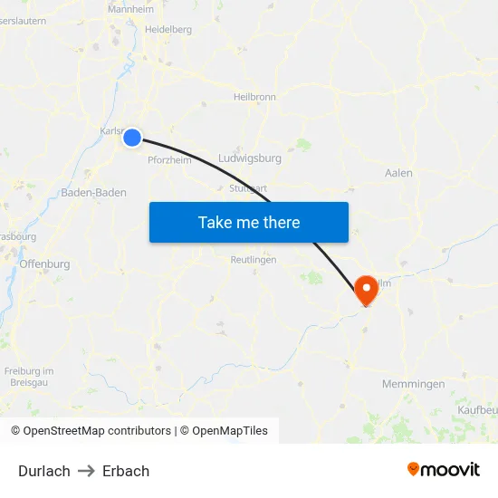 Durlach to Erbach map