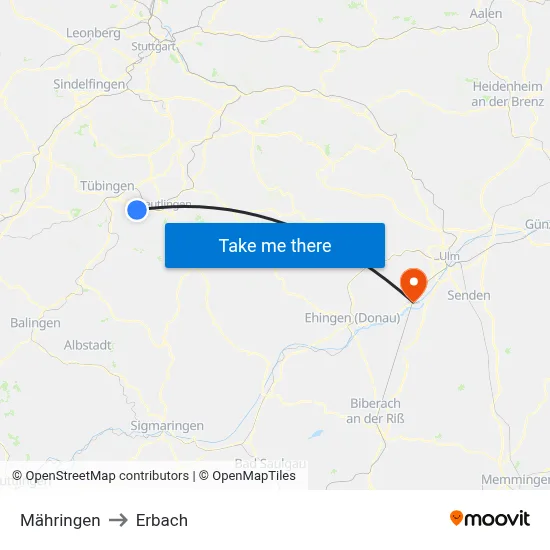 Mähringen to Erbach map