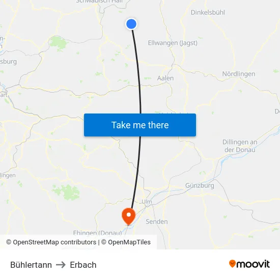 Bühlertann to Erbach map