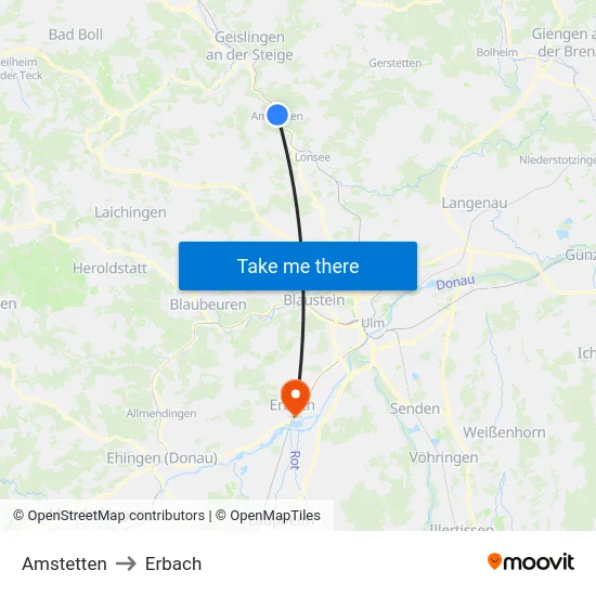 Amstetten to Erbach map