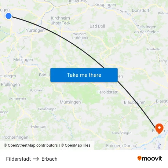 Filderstadt to Erbach map