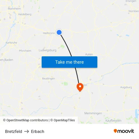 Bretzfeld to Erbach map