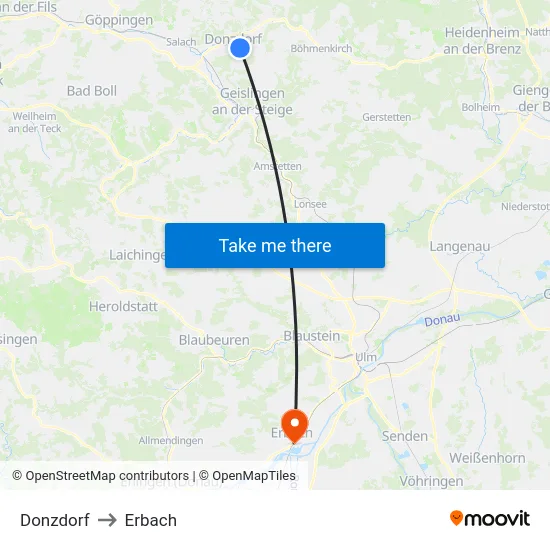 Donzdorf to Erbach map