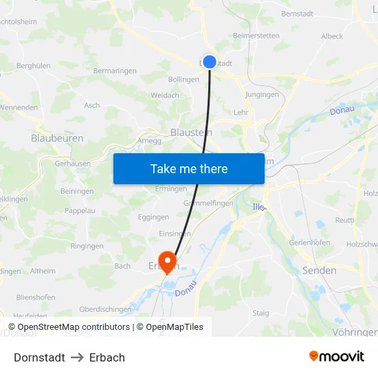 Dornstadt to Erbach map