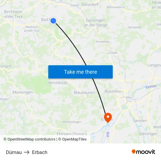 Dürnau to Erbach map