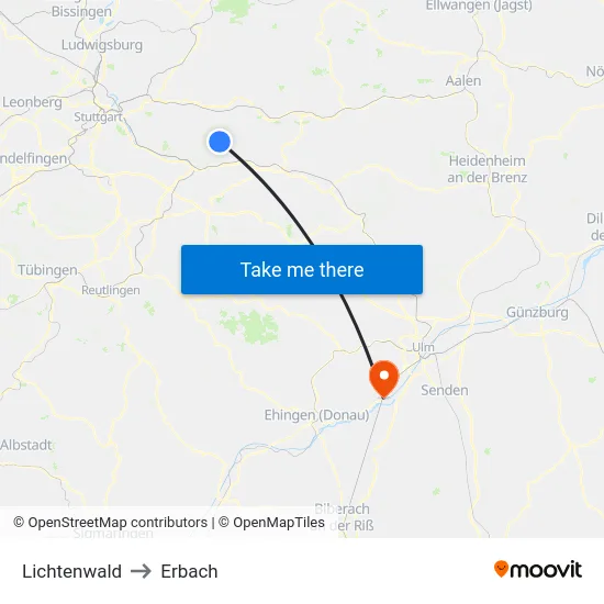 Lichtenwald to Erbach map