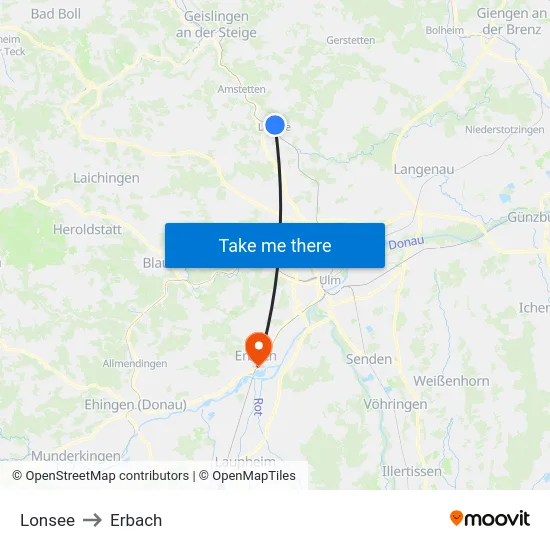 Lonsee to Erbach map