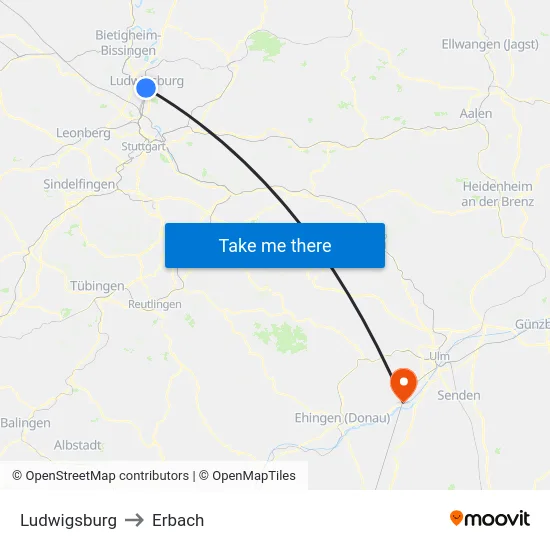 Ludwigsburg to Erbach map