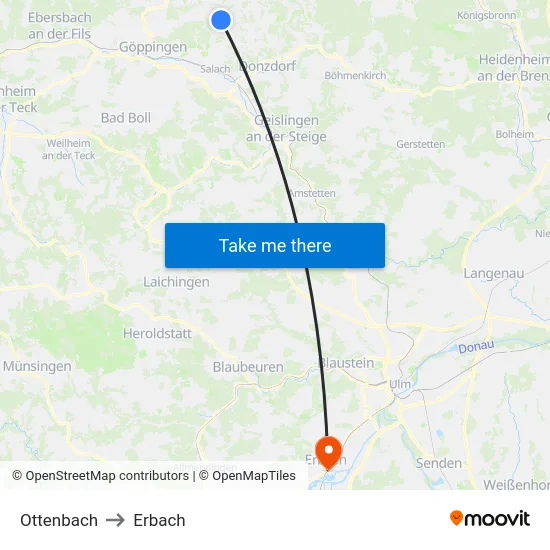 Ottenbach to Erbach map