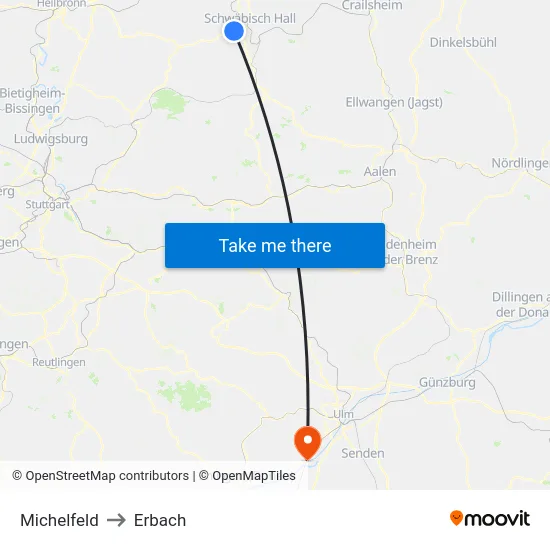Michelfeld to Erbach map
