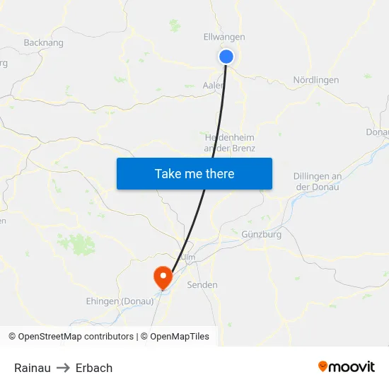 Rainau to Erbach map