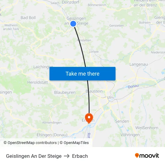 Geislingen An Der Steige to Erbach map