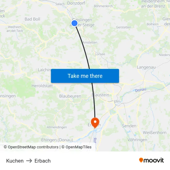Kuchen to Erbach map
