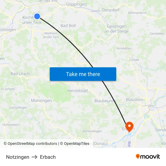 Notzingen to Erbach map