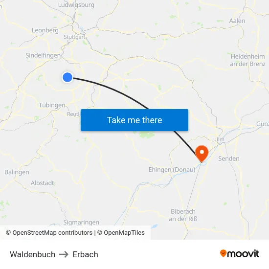 Waldenbuch to Erbach map