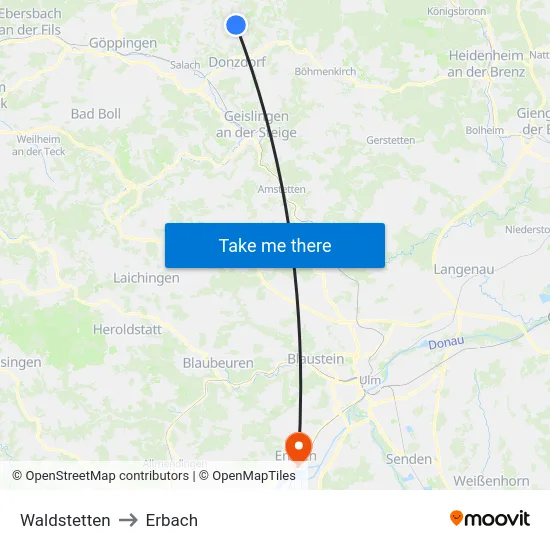 Waldstetten to Erbach map