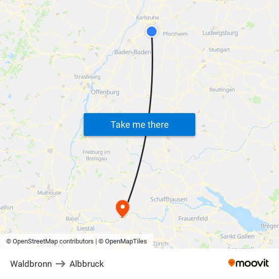 Waldbronn to Albbruck map