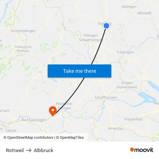 Rottweil to Albbruck map