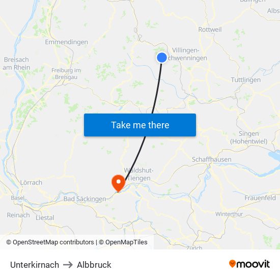 Unterkirnach to Albbruck map