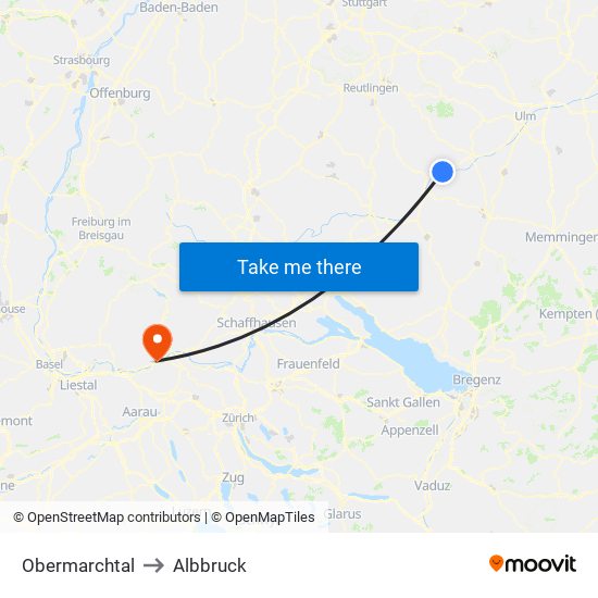 Obermarchtal to Albbruck map