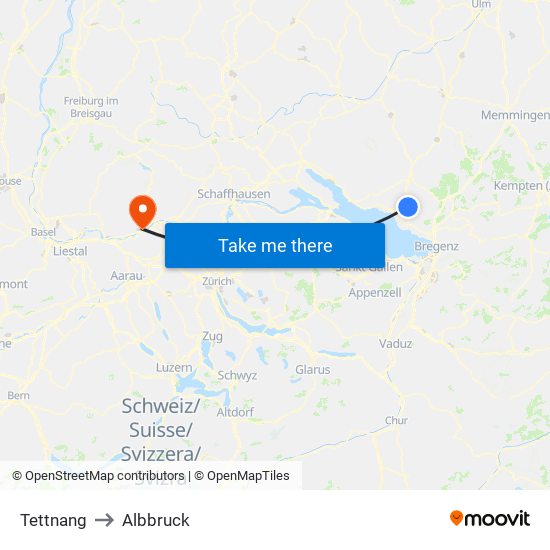 Tettnang to Albbruck map