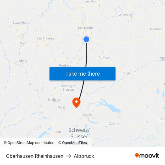 Oberhausen-Rheinhausen to Albbruck map