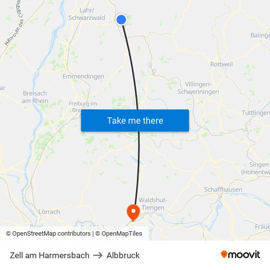 Zell am Harmersbach to Albbruck map