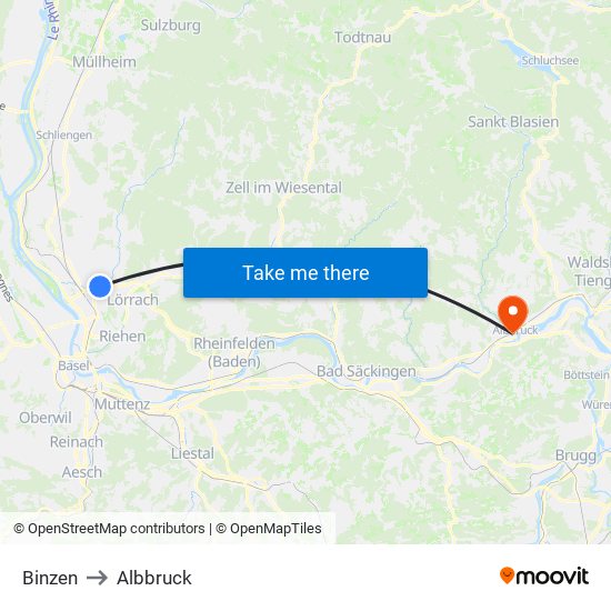 Binzen to Albbruck map