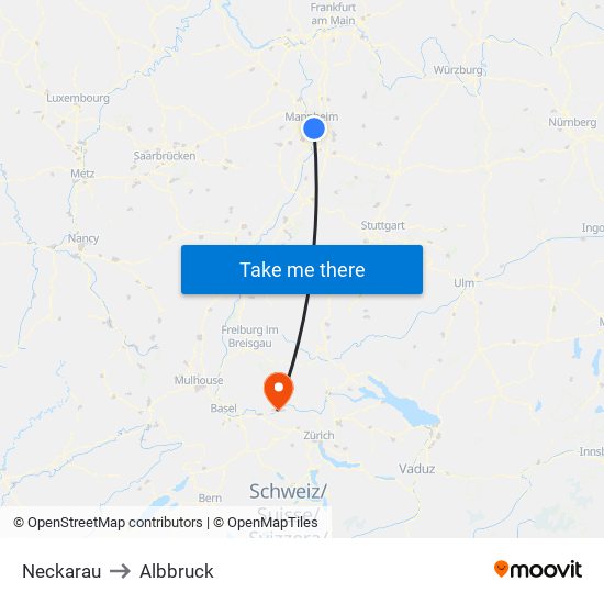 Neckarau to Albbruck map