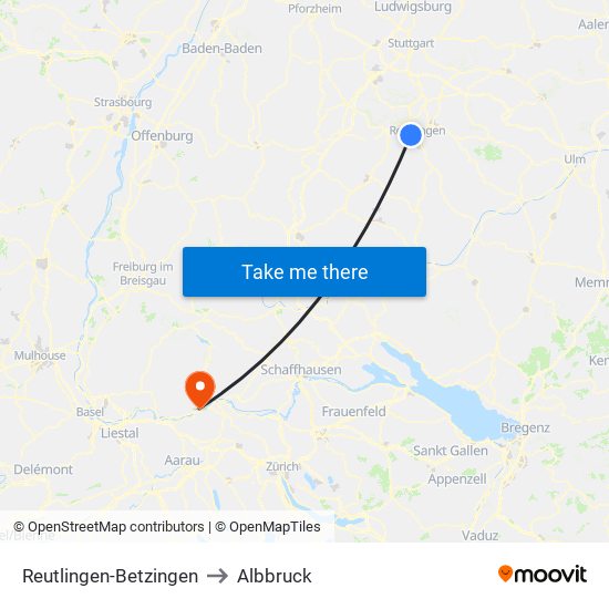 Reutlingen-Betzingen to Albbruck map