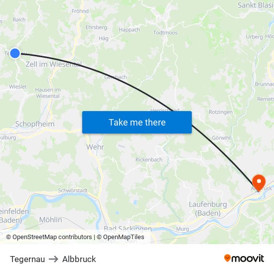 Tegernau to Albbruck map