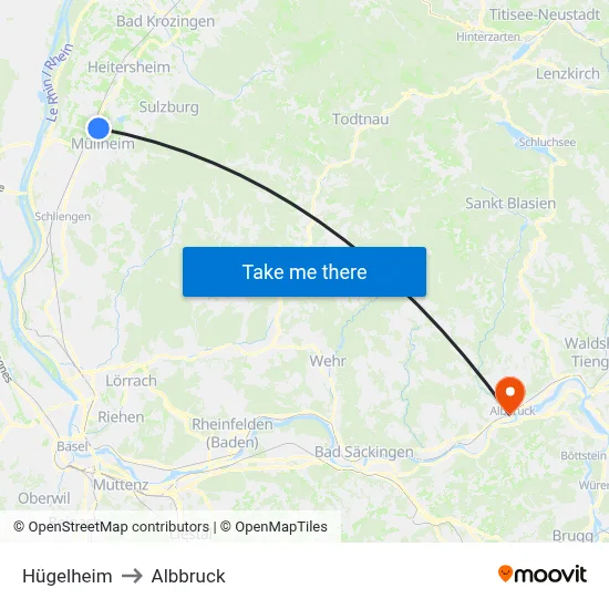 Hügelheim to Albbruck map