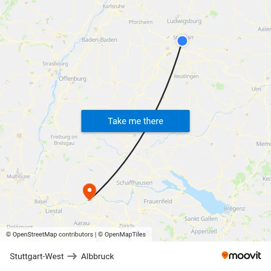Stuttgart-West to Albbruck map