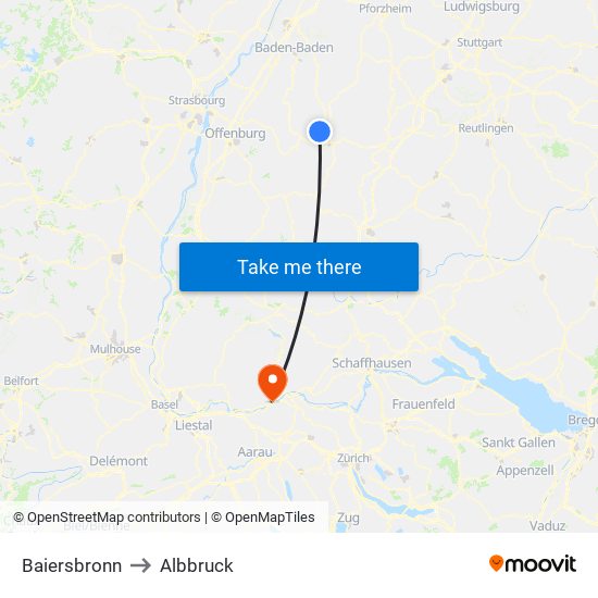 Baiersbronn to Albbruck map