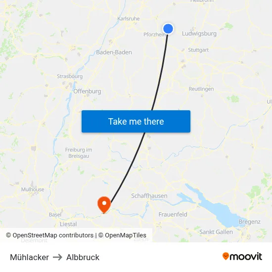 Mühlacker to Albbruck map