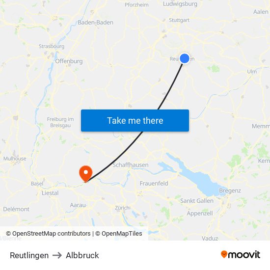 Reutlingen to Albbruck map